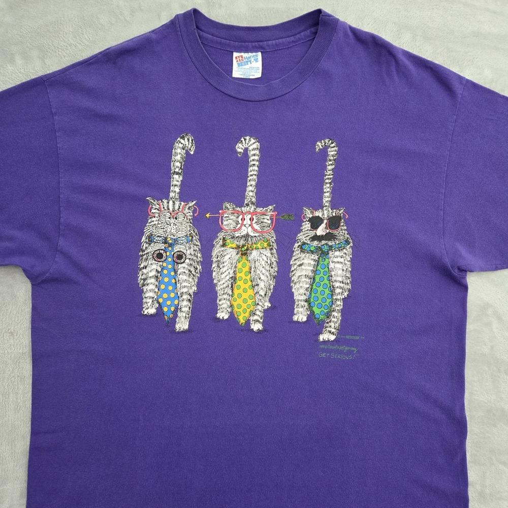 VTG 90s Hanes Get Serious Silly Cats Carol Montgomery Purple T-Shirt XL USA